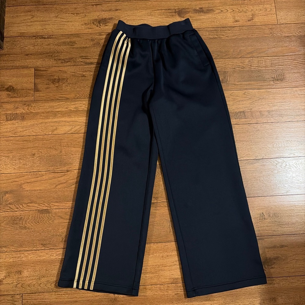 Commense Womens Wide Leg Track Pants Navy Gold S Side Stripe Athleisure